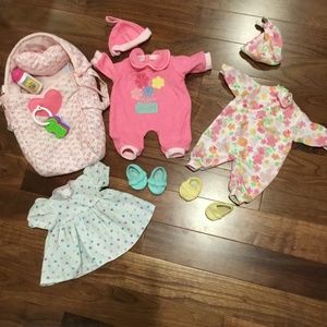 16" Baby doll LOT Carrier, accessories and 3 Outfits